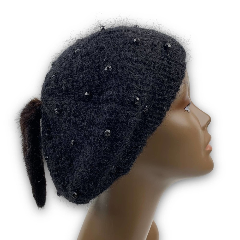 70's Italian mink tail mohair wool beaded beret winter hat